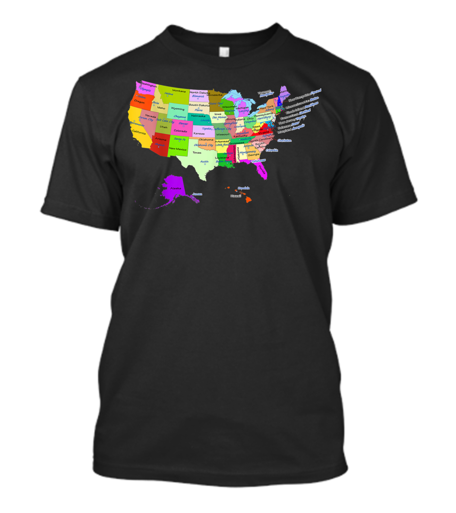 USA Map Displaying States And Capital Cities In Vibrant Colors T-Shirt