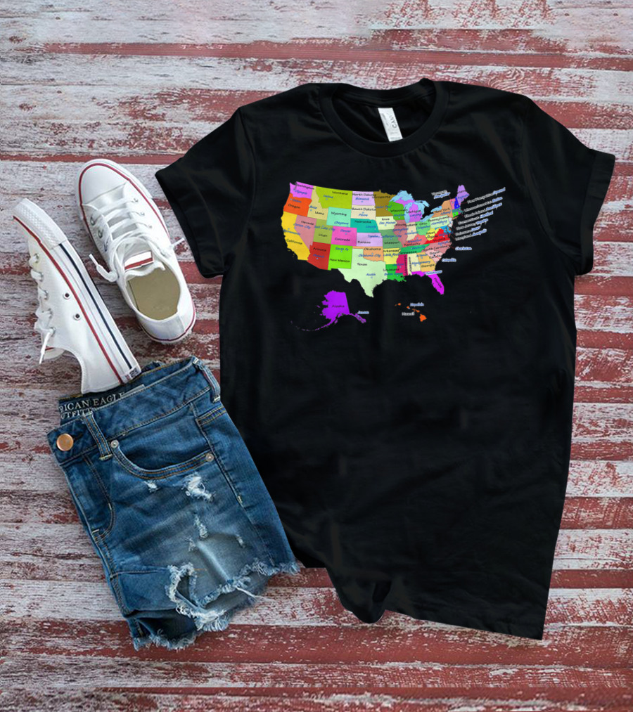 USA Map Displaying States And Capital Cities In Vibrant Colors T-Shirt