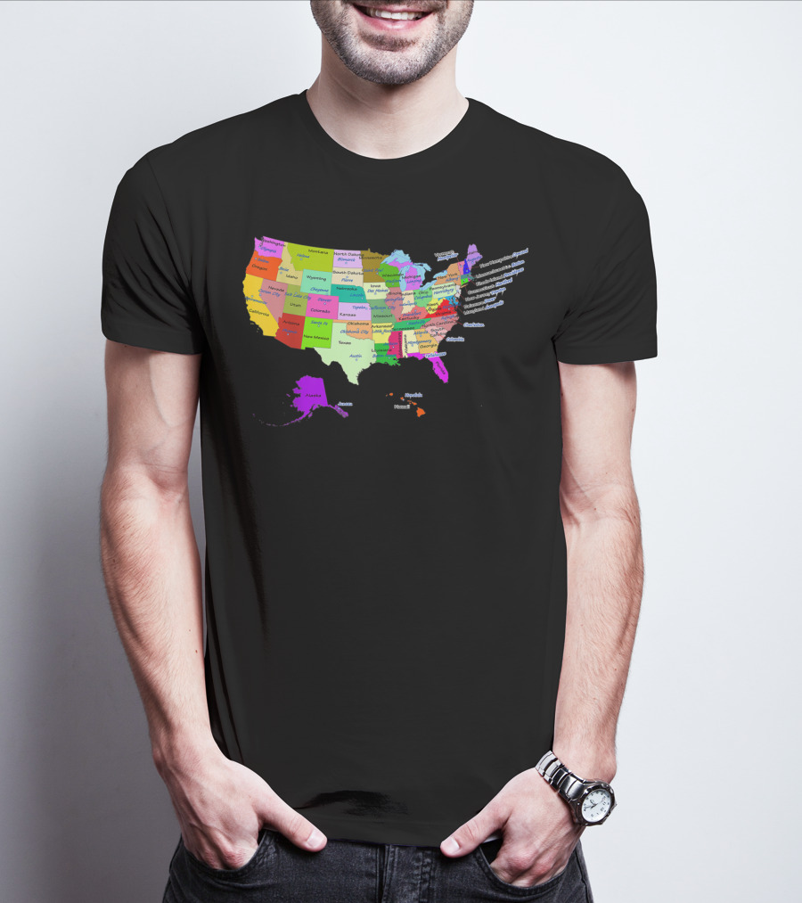 USA Map Displaying States And Capital Cities In Vibrant Colors T-Shirt