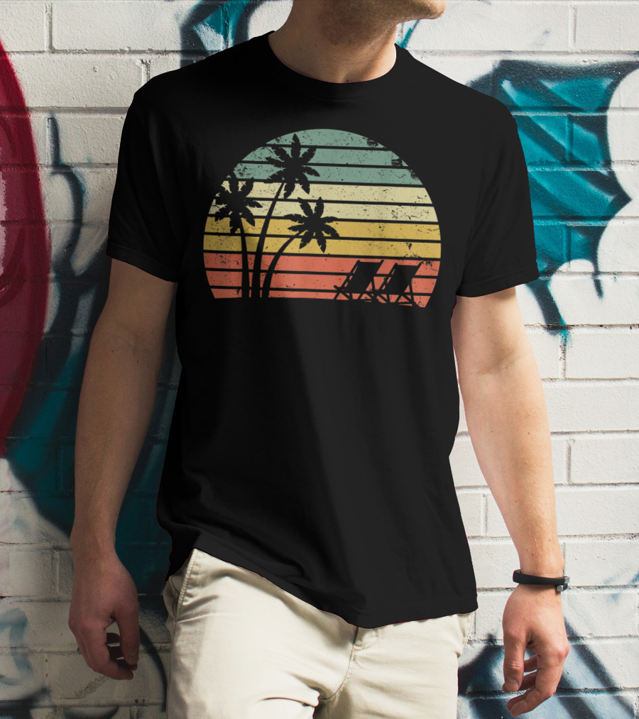 Retro Sunset Palm Trees With Beach Chair T-Shirt