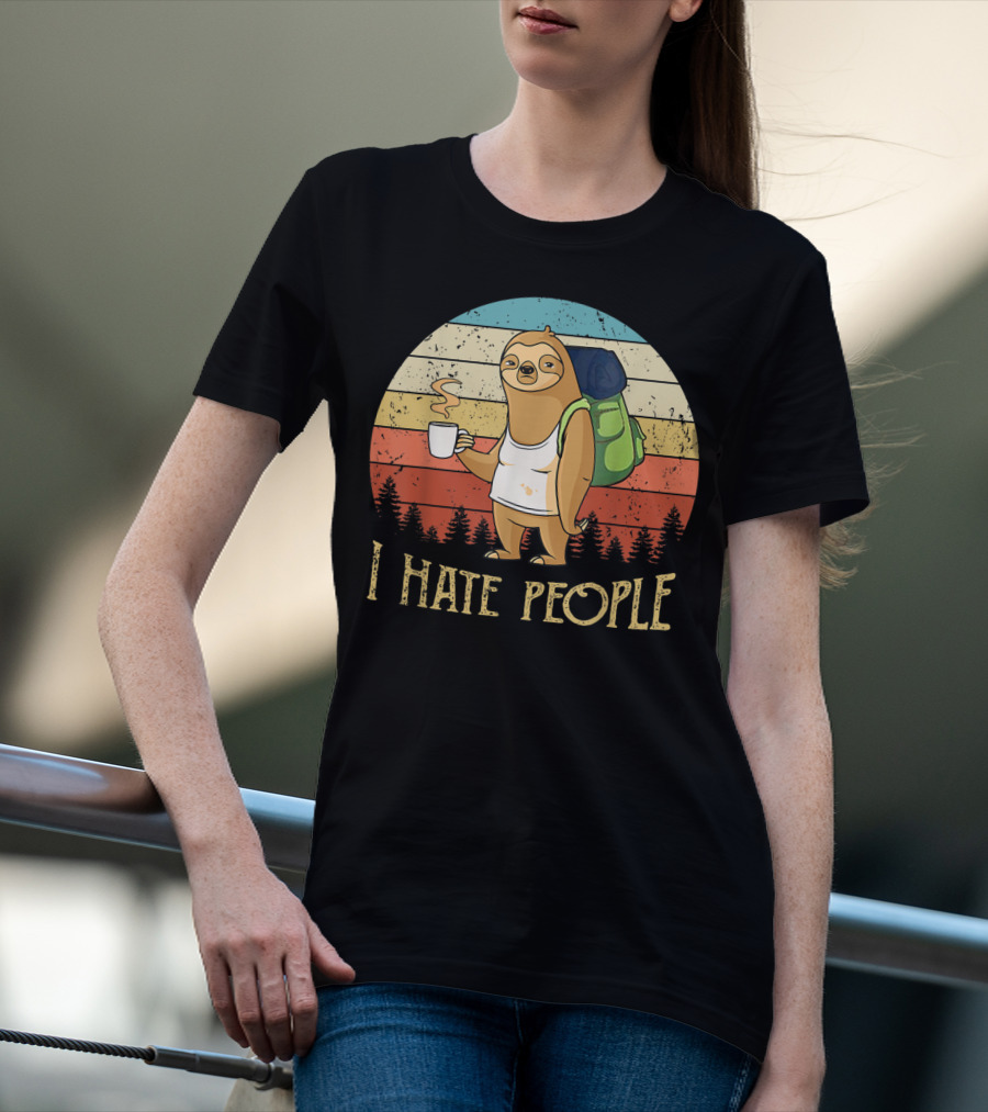 Vintage I Hate People Sloth Camping With Coffee And Backpack Retro Sunset Stripes T-Shirt