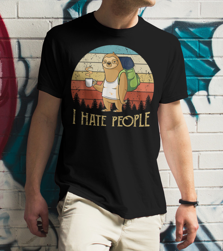 Vintage I Hate People Sloth Camping With Coffee And Backpack Retro Sunset Stripes T-Shirt