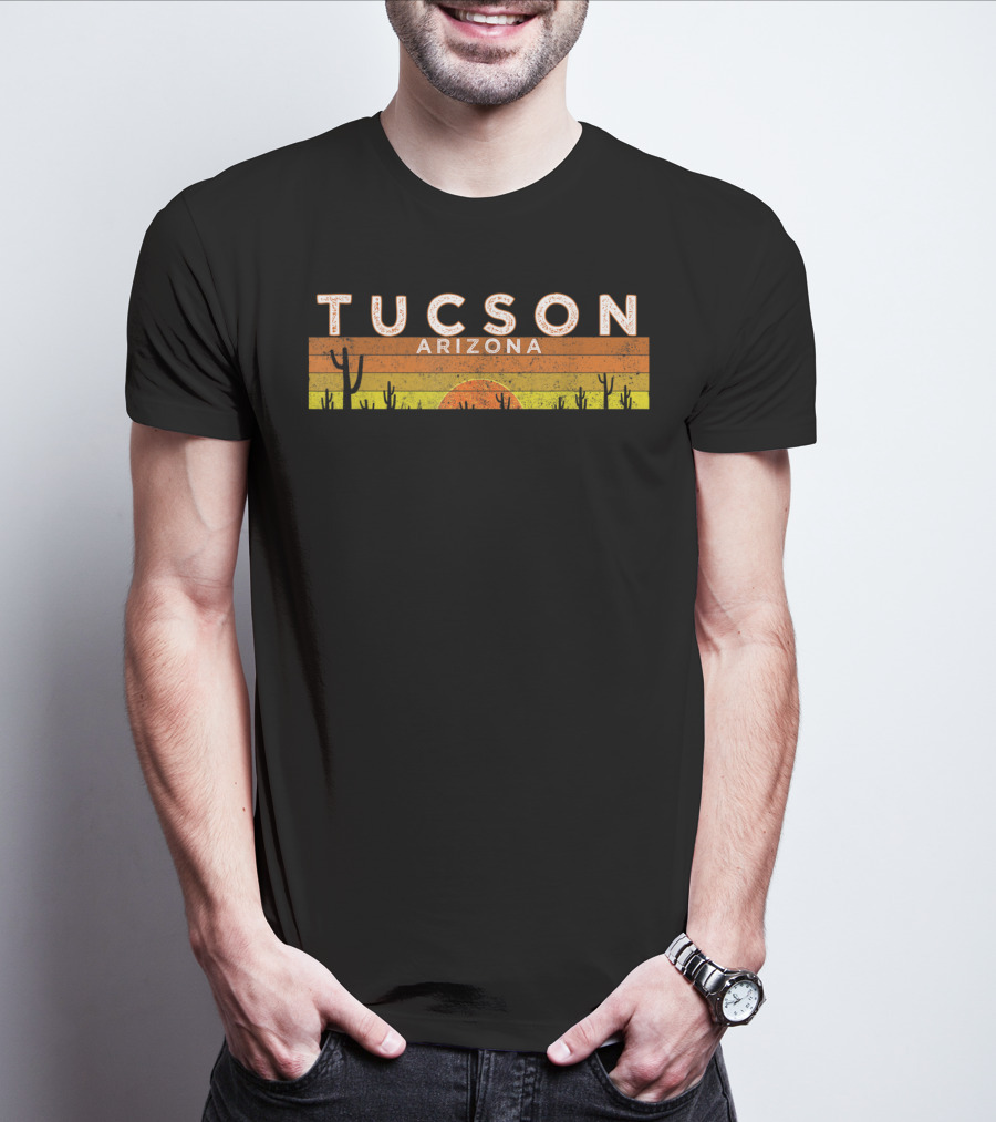 Tucson Arizona Desert Sunset Cactus Vintage Retro Stripes T-Shirt