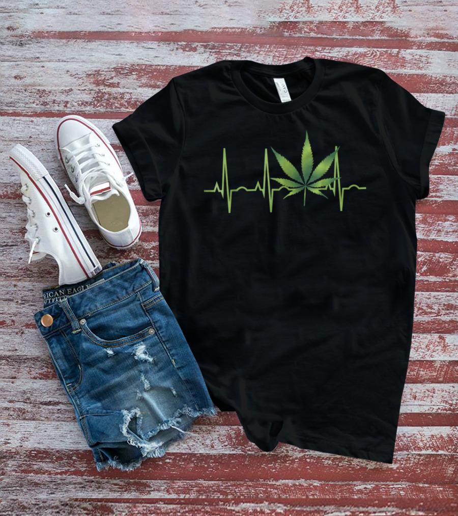 Weed Marijuana Leaf Heartbeat EKG Line T-Shirt