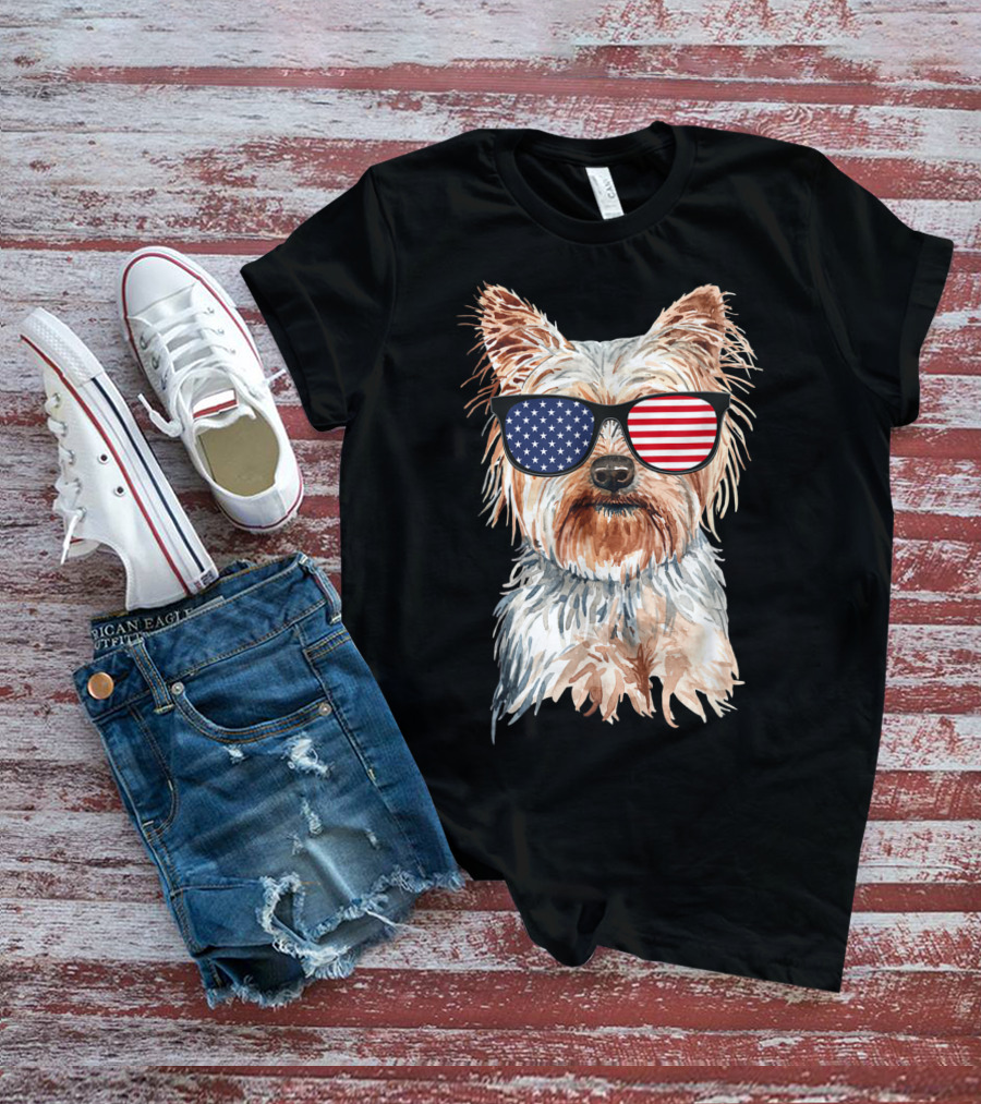 Yorkie Dog With American Flag Sunglasses Patriotic T-Shirt