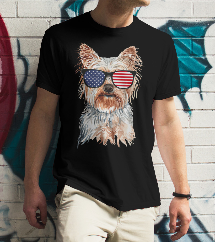 Yorkie Dog With American Flag Sunglasses Patriotic T-Shirt