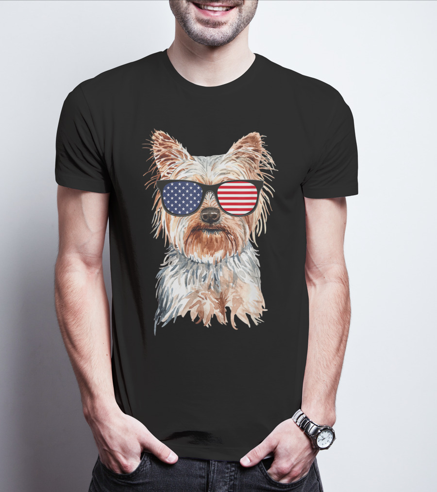 Yorkie Dog With American Flag Sunglasses Patriotic T-Shirt