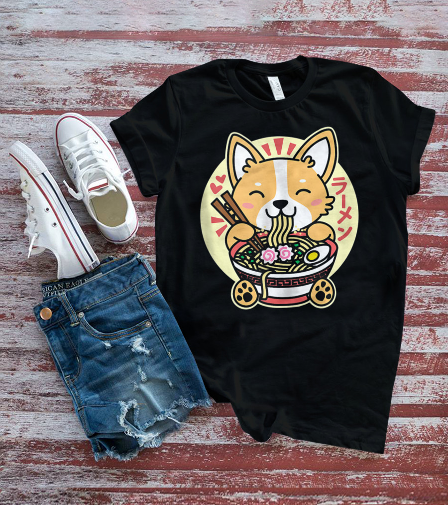 Kawaii Corgi Ramen Cute Anime Dog Japanese Noodles T-Shirt