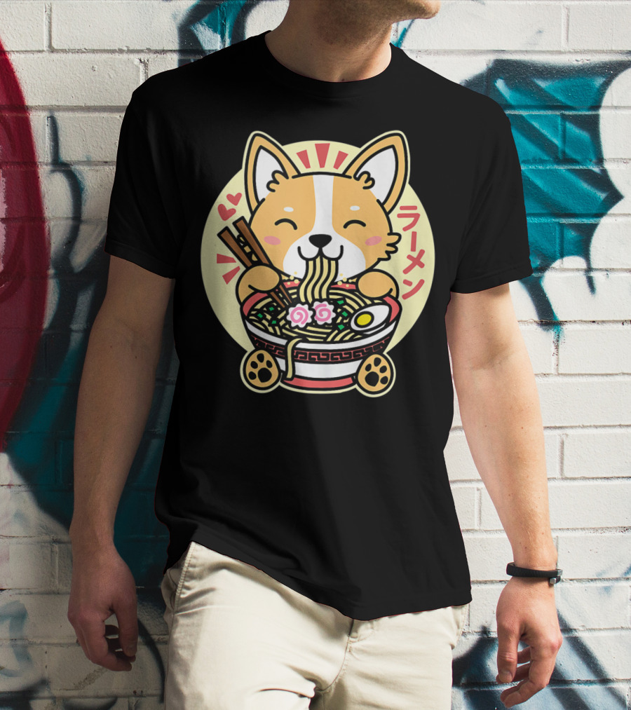 Kawaii Corgi Ramen Cute Anime Dog Japanese Noodles T-Shirt