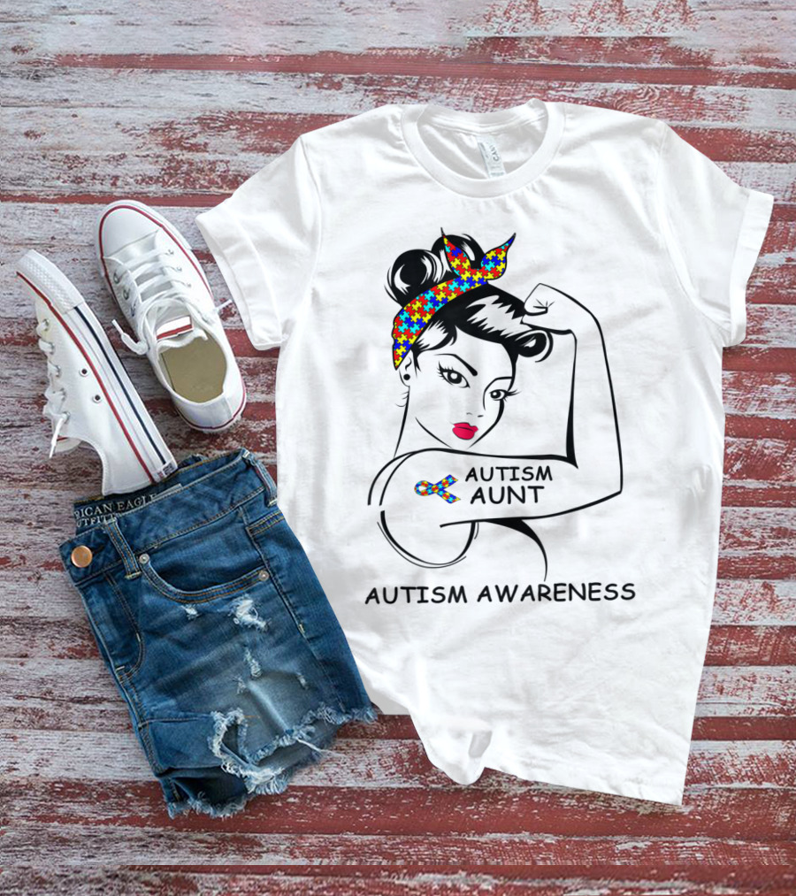 Autism Aunt Awareness Strong Puzzle Ribbon Rosie T-Shirt
