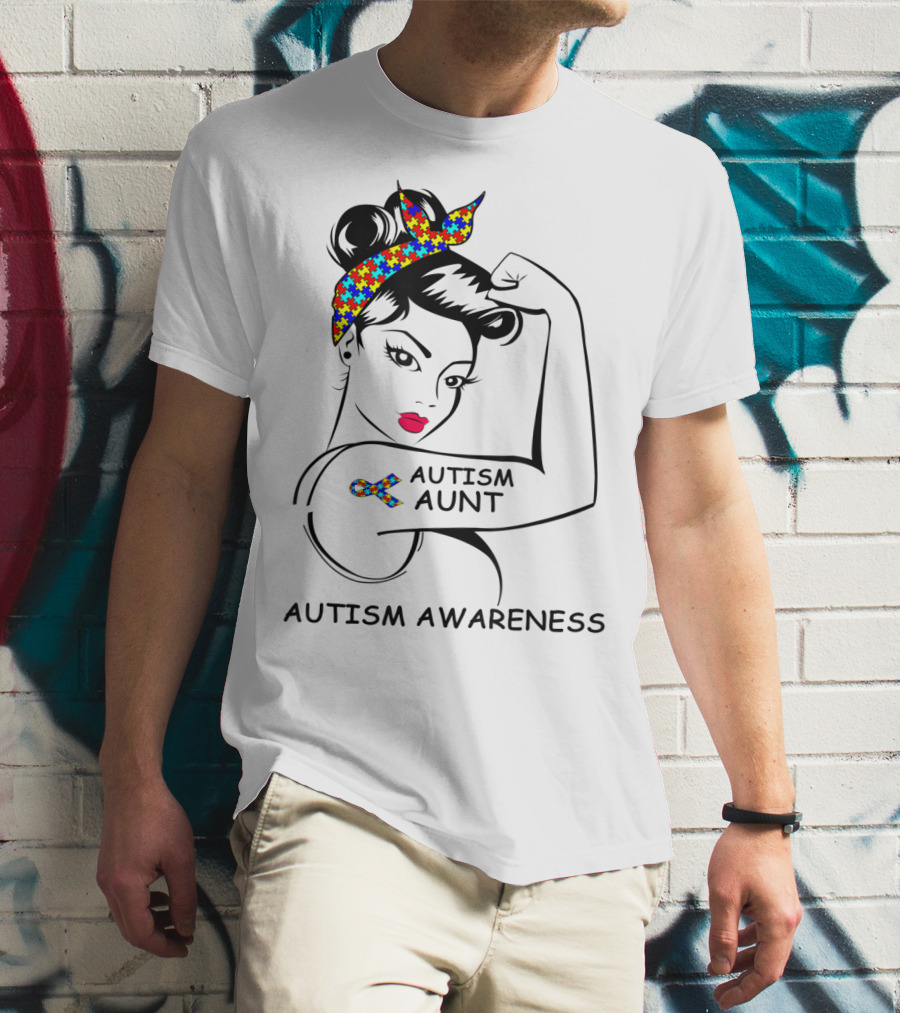 Autism Aunt Awareness Strong Puzzle Ribbon Rosie T-Shirt