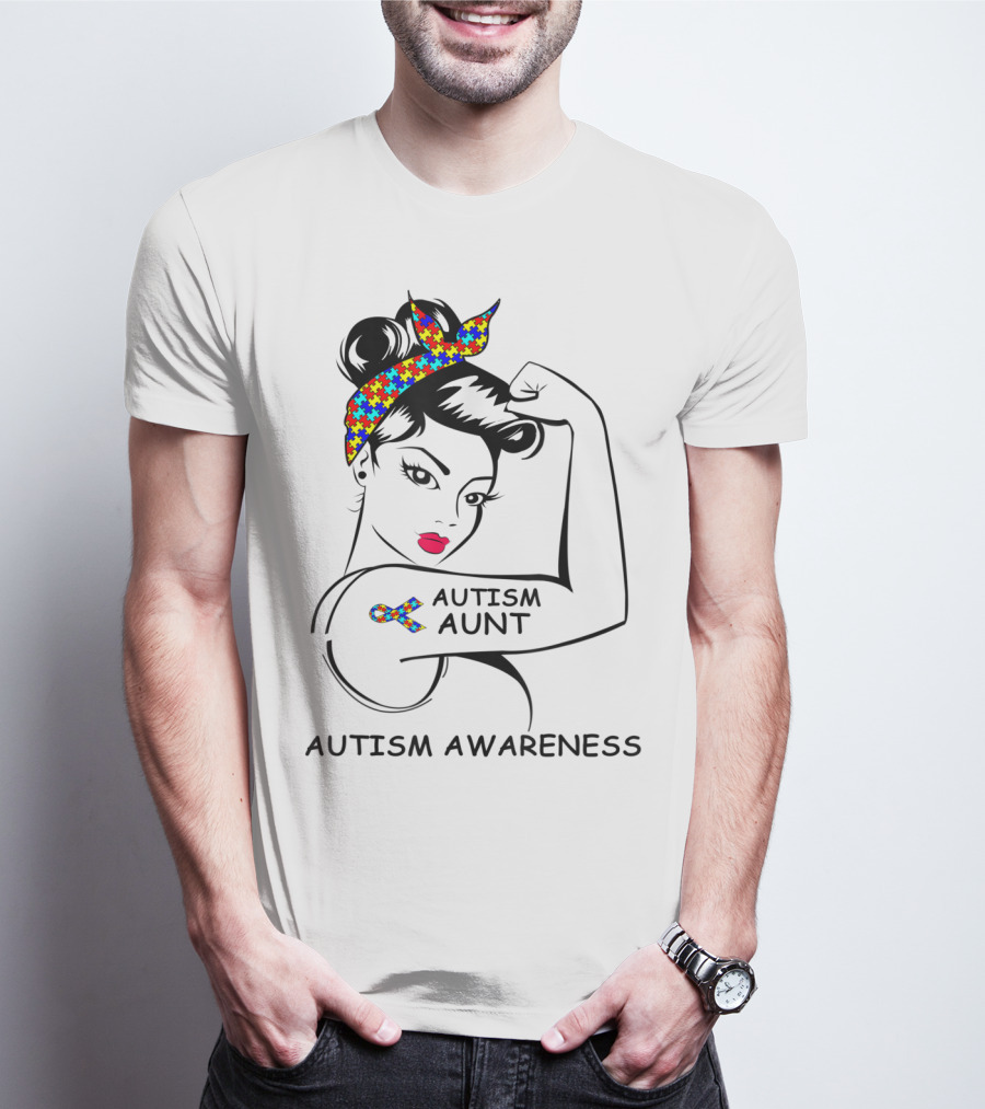 Autism Aunt Awareness Strong Puzzle Ribbon Rosie T-Shirt