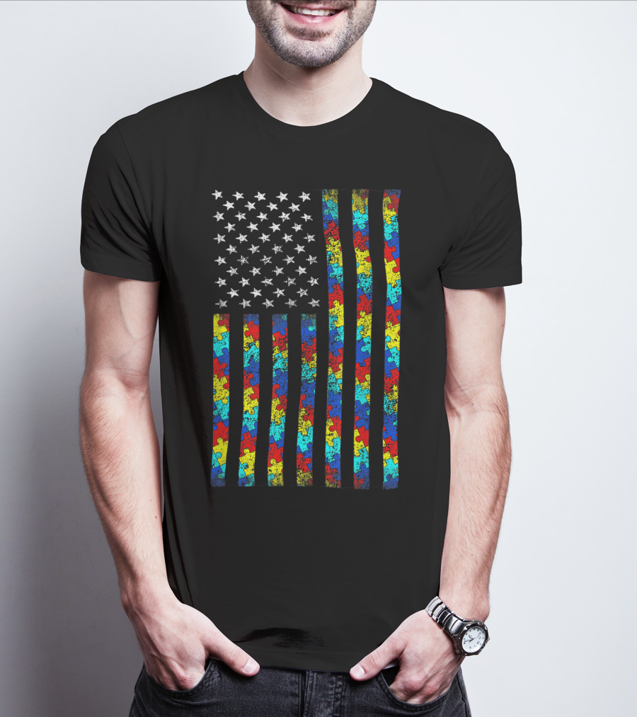 Autism Awareness Puzzle Piece American Flag T-Shirt