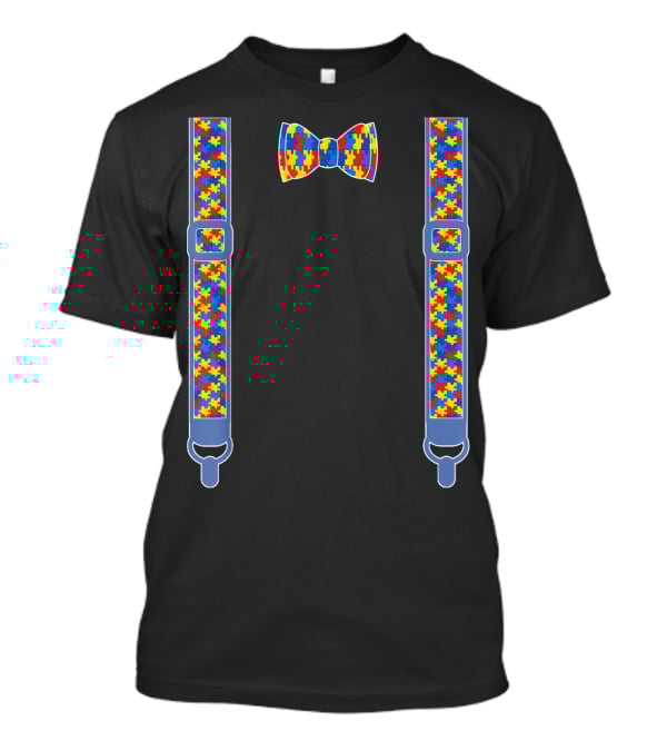 Autism Awareness Puzzle Piece Bow Tie And Suspenders T-Shirt