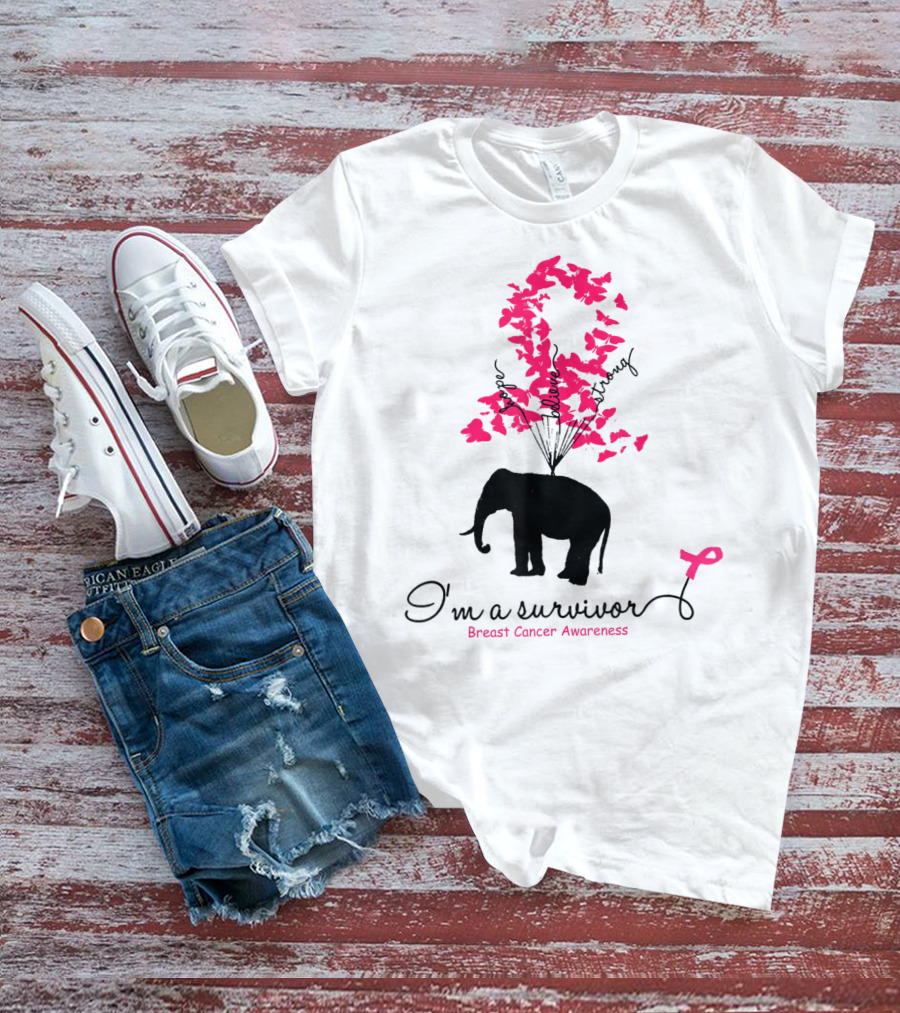 I'm A Survivor Breast Cancer Awareness Pink Ribbon Butterfly Elephant T-Shirt