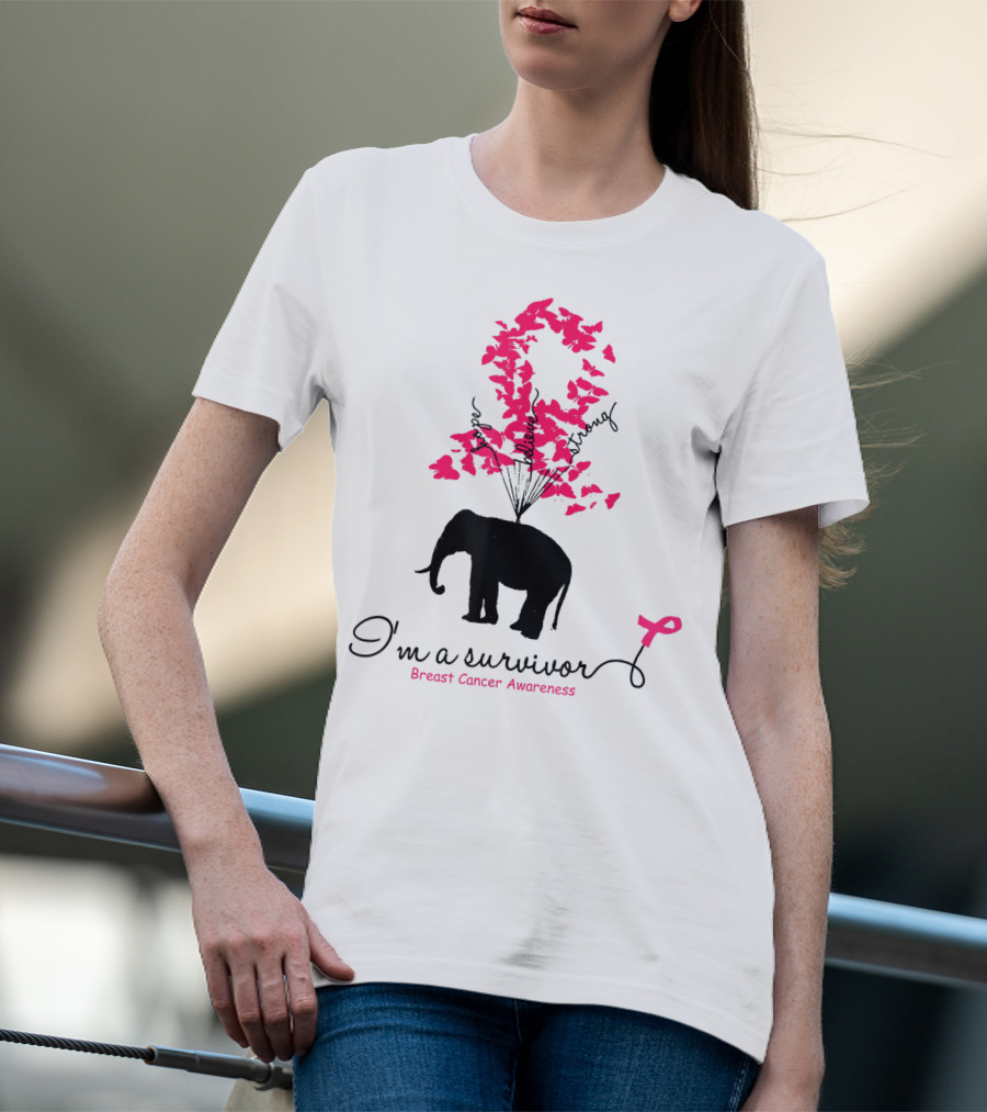 I'm A Survivor Breast Cancer Awareness Pink Ribbon Butterfly Elephant T-Shirt