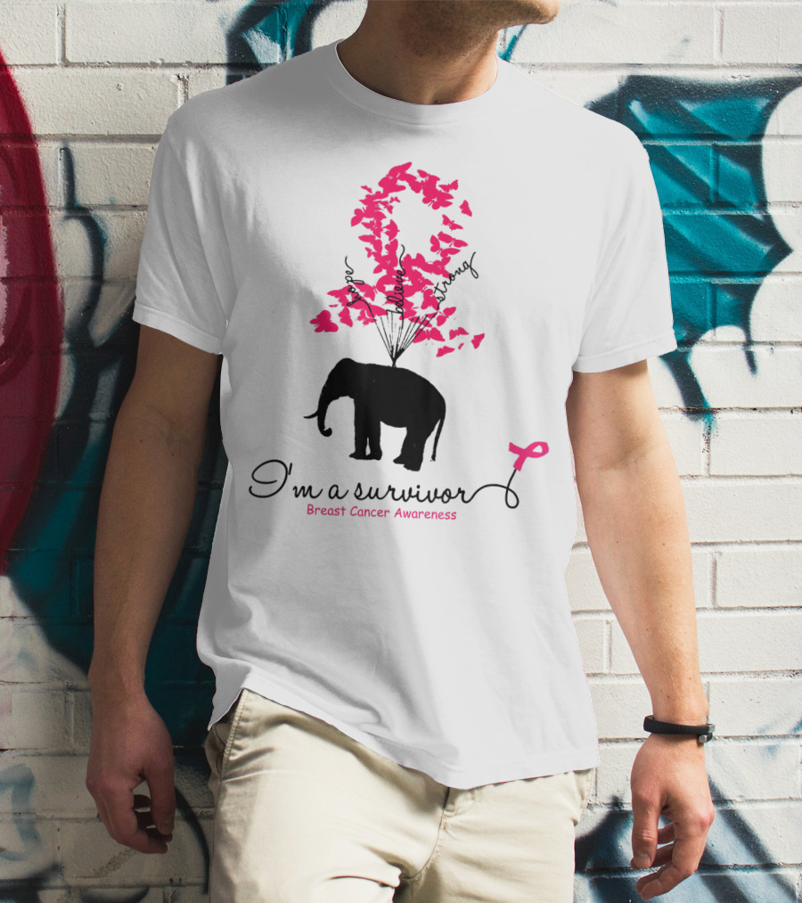 I'm A Survivor Breast Cancer Awareness Pink Ribbon Butterfly Elephant T-Shirt
