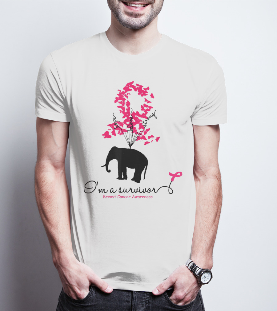 I'm A Survivor Breast Cancer Awareness Pink Ribbon Butterfly Elephant T-Shirt