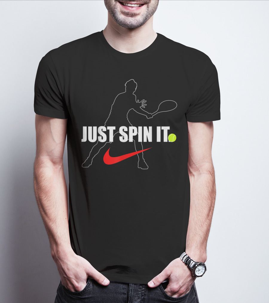 Just Spin It Funny Lawn Tennis Silhouette With Red Swoosh And Tennis Ball T-Shirt