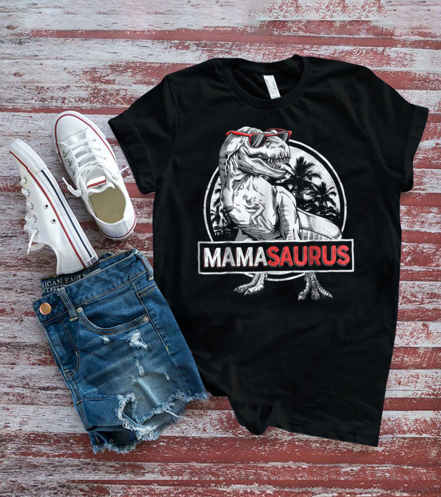 Mamasaurus Rex Dinosaur With Sunglasses And Palm Trees T-Shirt