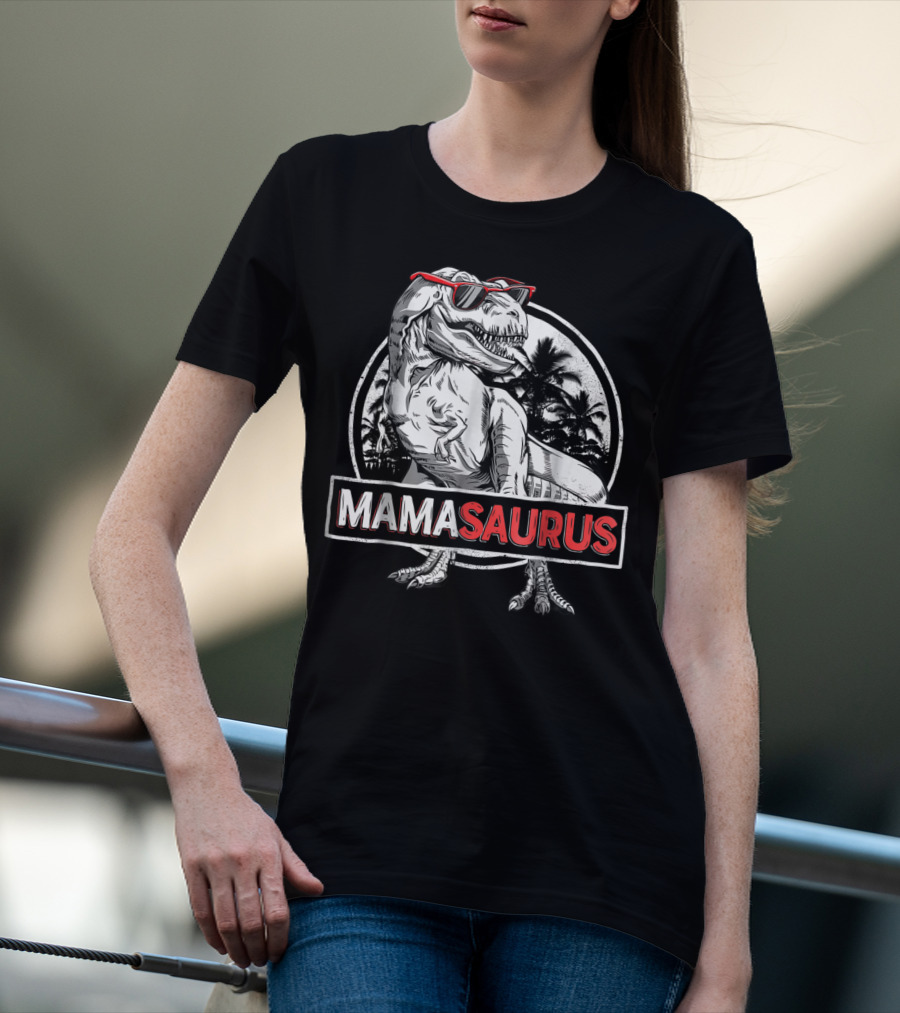 Mamasaurus Rex Dinosaur With Sunglasses And Palm Trees T-Shirt