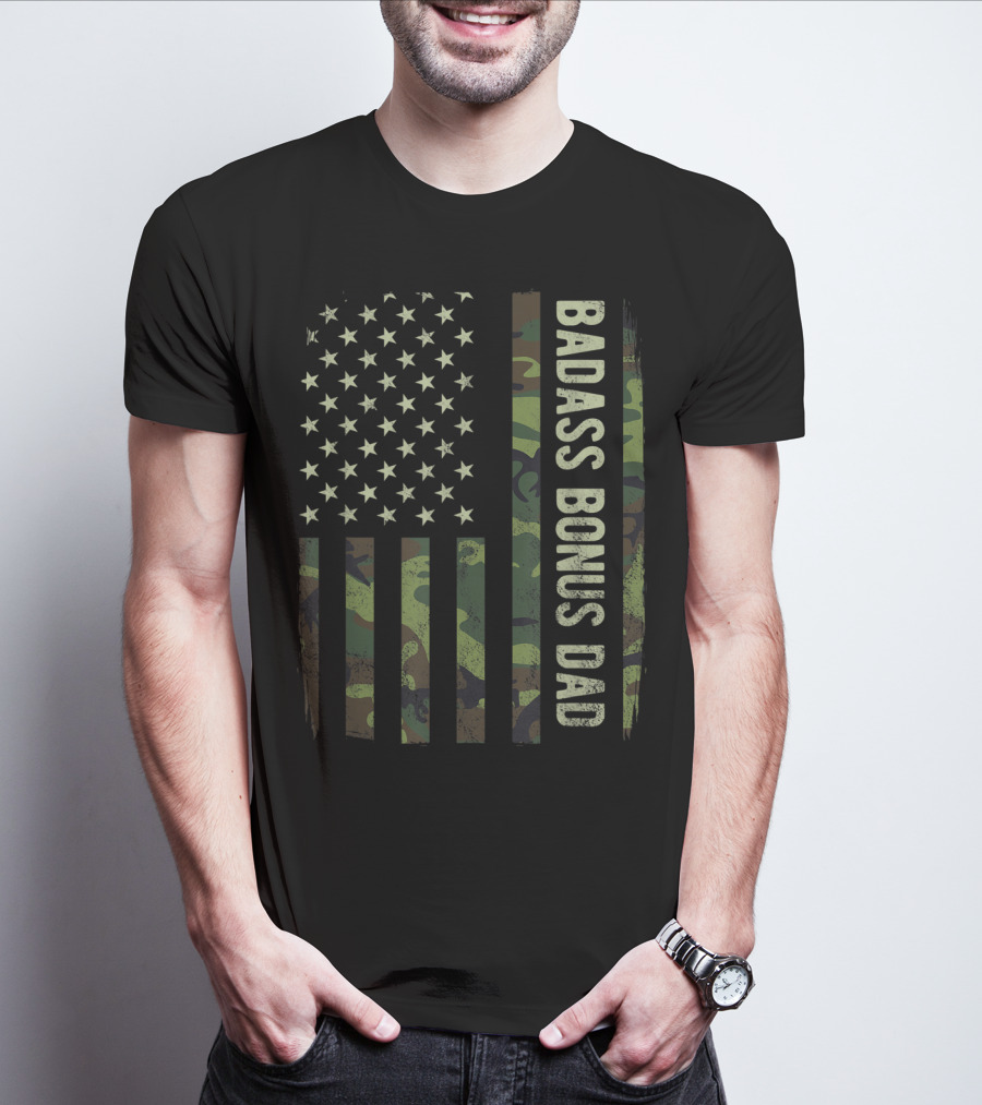 Badass Bonus Dad Camouflage American Flag T-Shirt