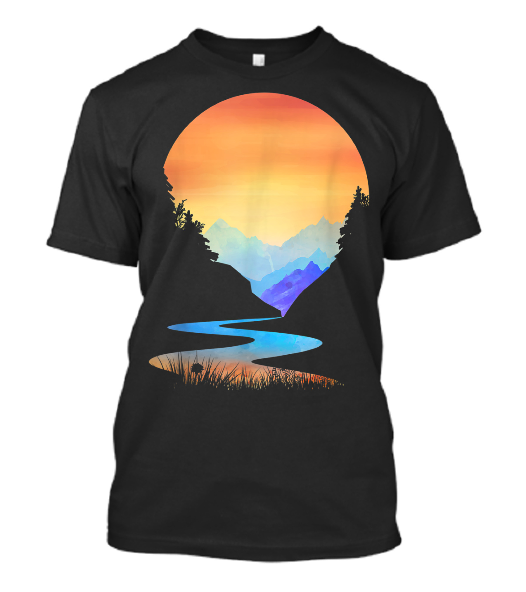 Outdoor Sunset Vintage Style Mountains Sun Nature River Landscape T-Shirt