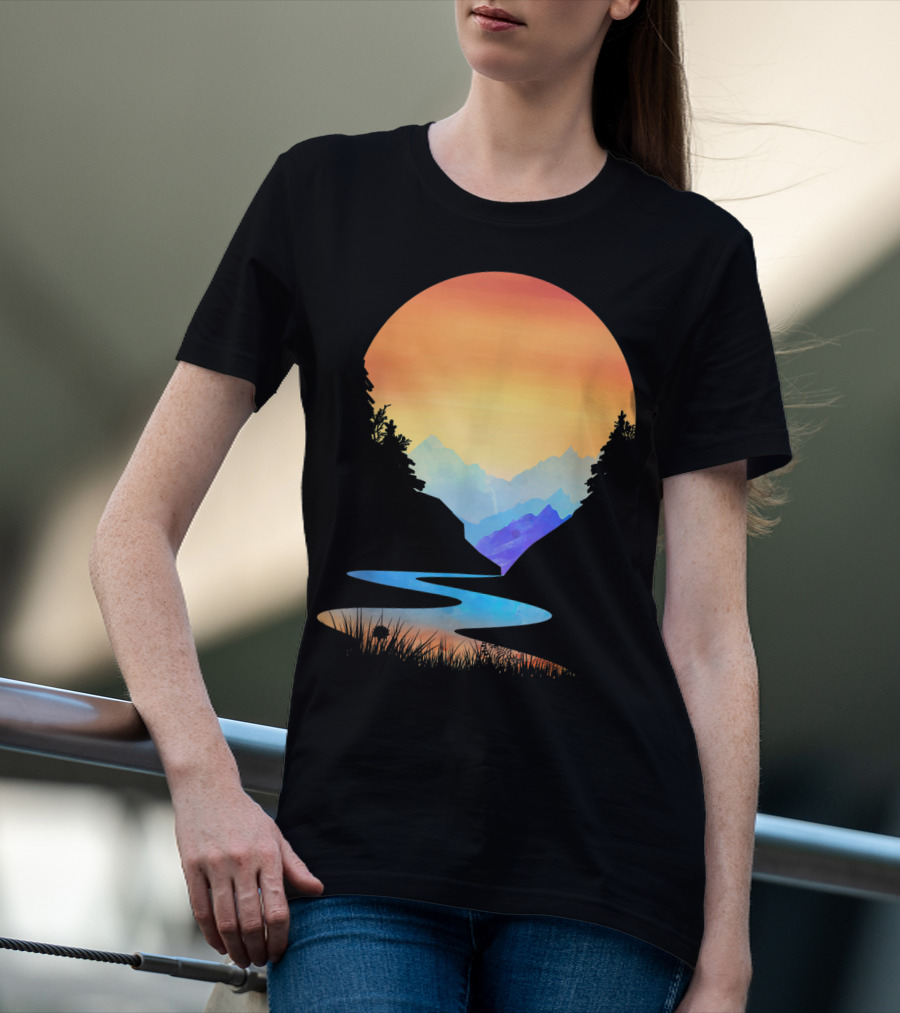 Outdoor Sunset Vintage Style Mountains Sun Nature River Landscape T-Shirt