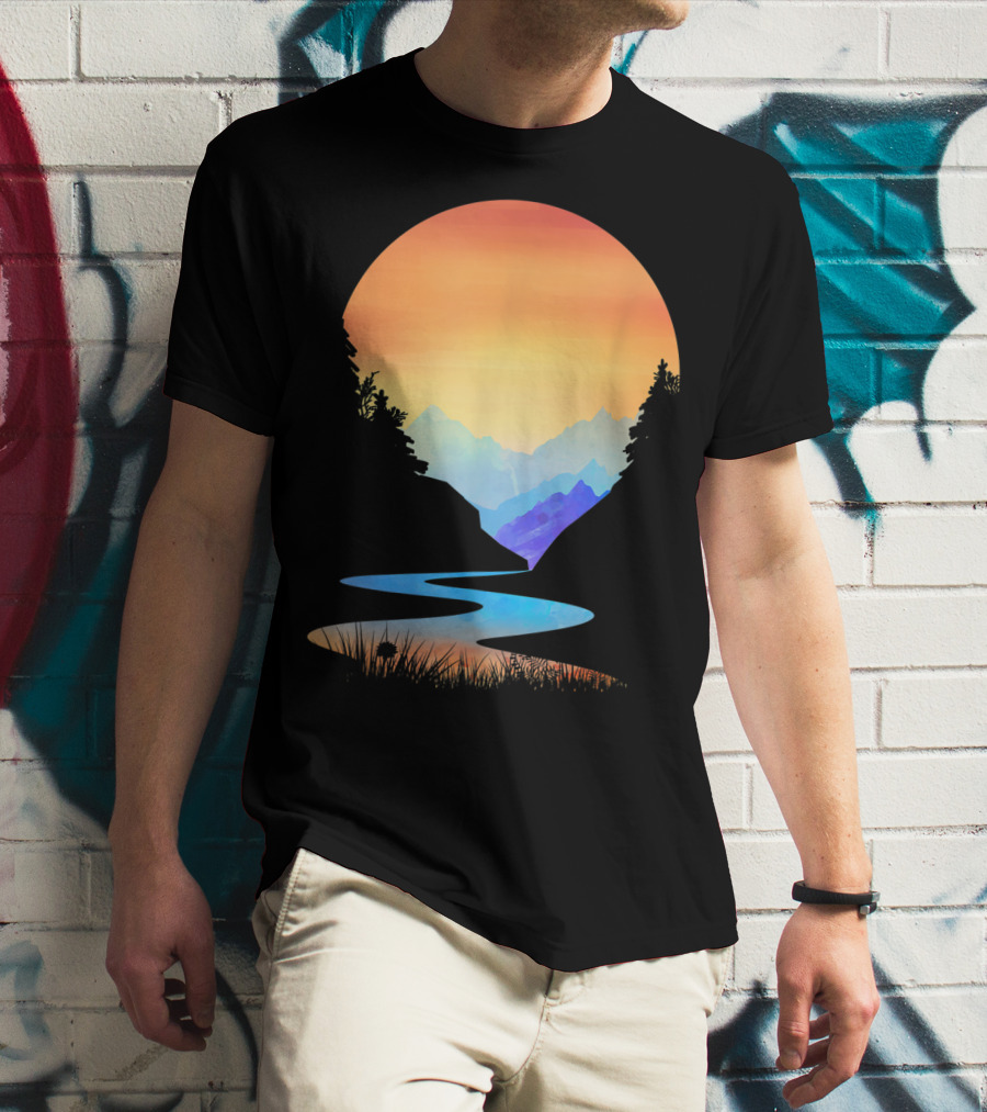 Outdoor Sunset Vintage Style Mountains Sun Nature River Landscape T-Shirt