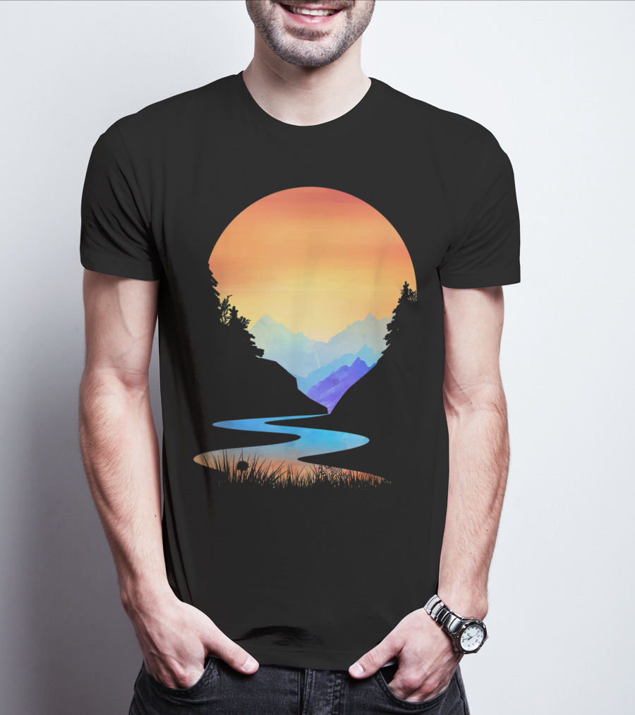Outdoor Sunset Vintage Style Mountains Sun Nature River Landscape T-Shirt