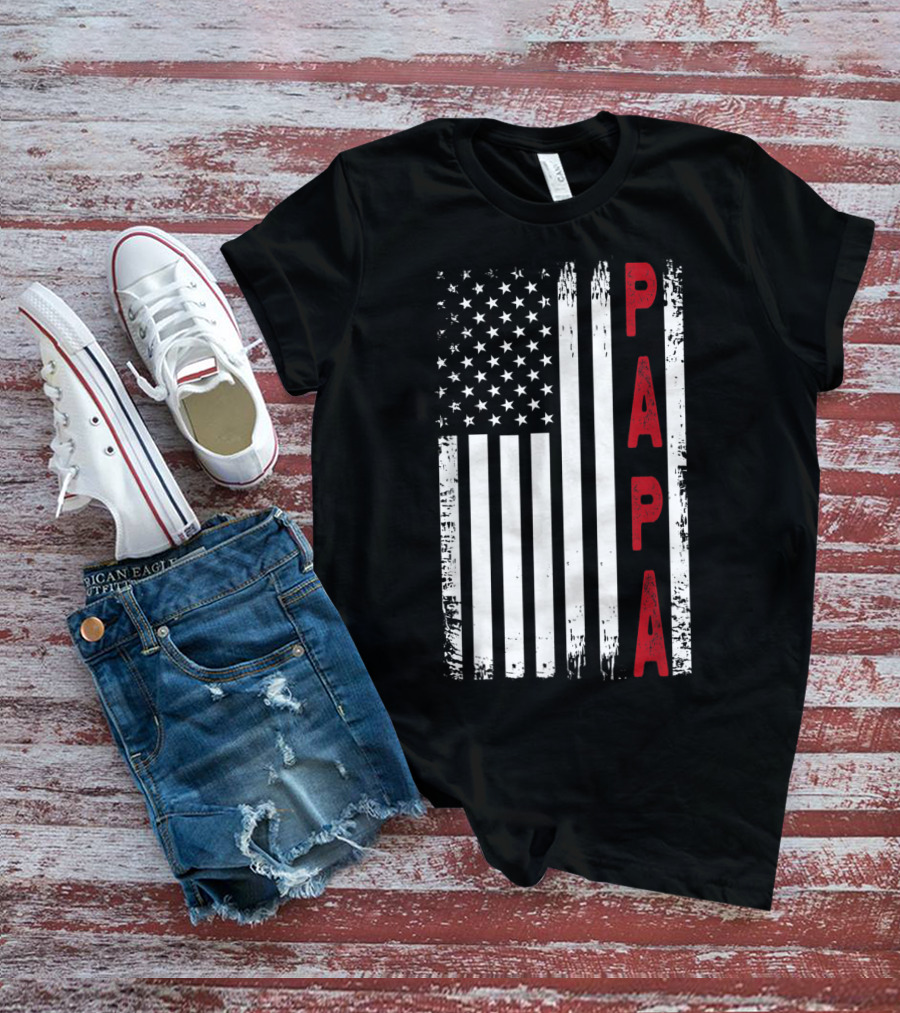 Papa Vertical Red Letters American Flag T-Shirt
