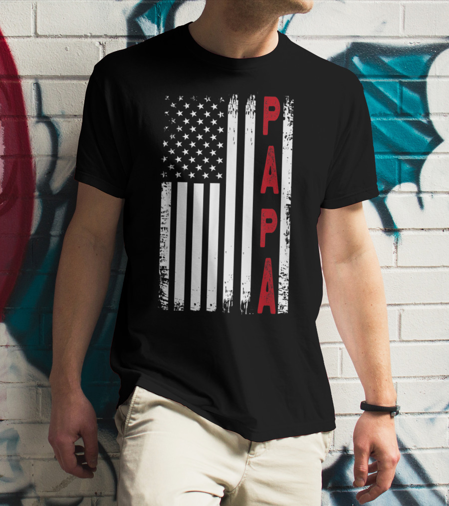 Papa Vertical Red Letters American Flag T-Shirt