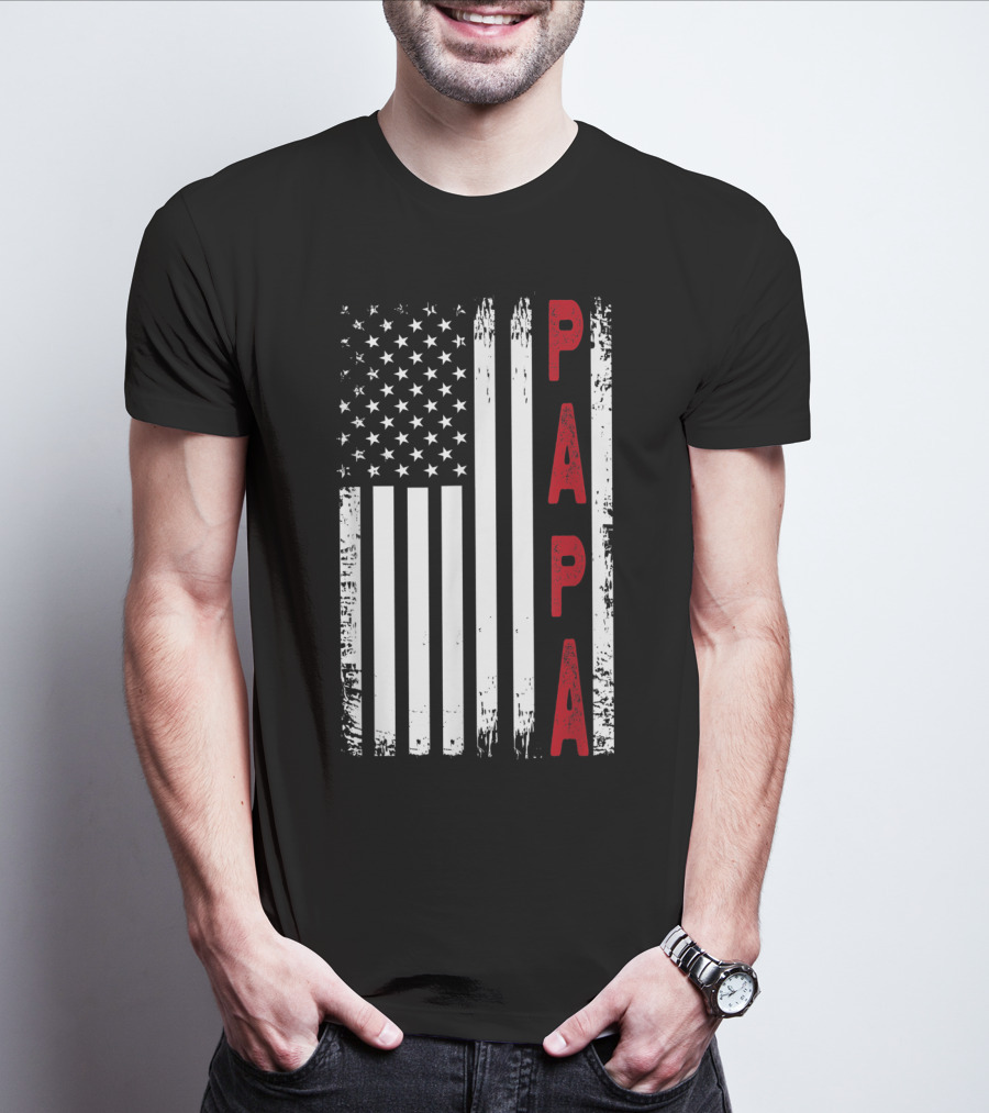 Papa Vertical Red Letters American Flag T-Shirt