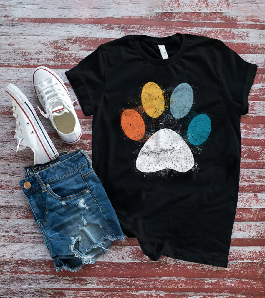 Vintage Distressed Multi-Color Dog Paw Print Love T-Shirt
