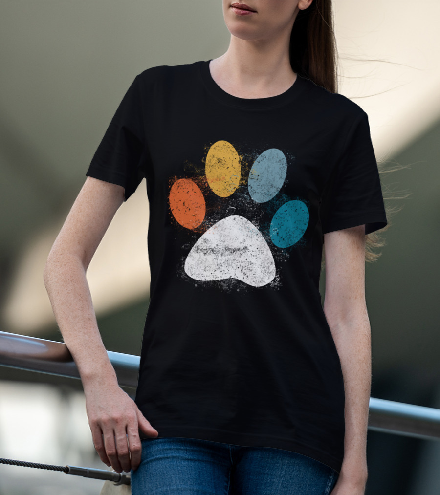 Vintage Distressed Multi-Color Dog Paw Print Love T-Shirt