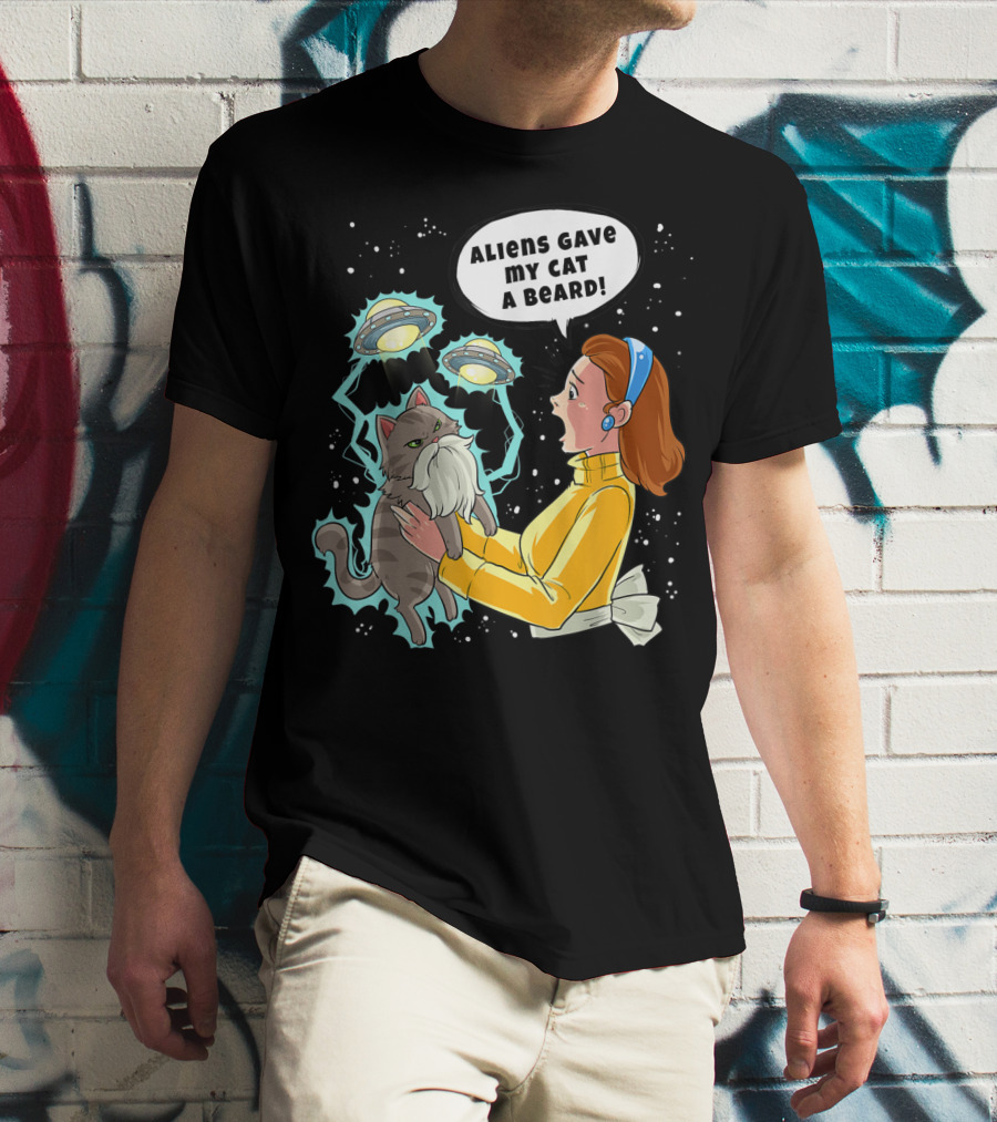 Aliens Gave My Cat A Beard UFO Encounter With Surprised Woman In Space T-Shirt