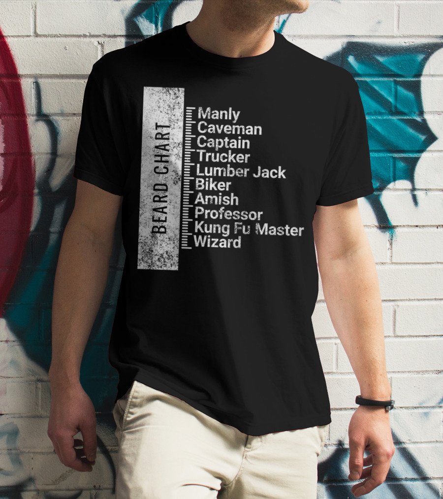 Beard Chart Manly Caveman Captain Trucker Lumberjack Biker Amish Professor Kung Fu Master Wizard T-Shirt