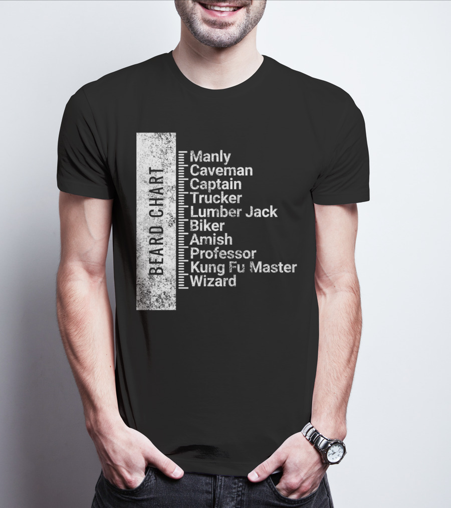 Beard Chart Manly Caveman Captain Trucker Lumberjack Biker Amish Professor Kung Fu Master Wizard T-Shirt