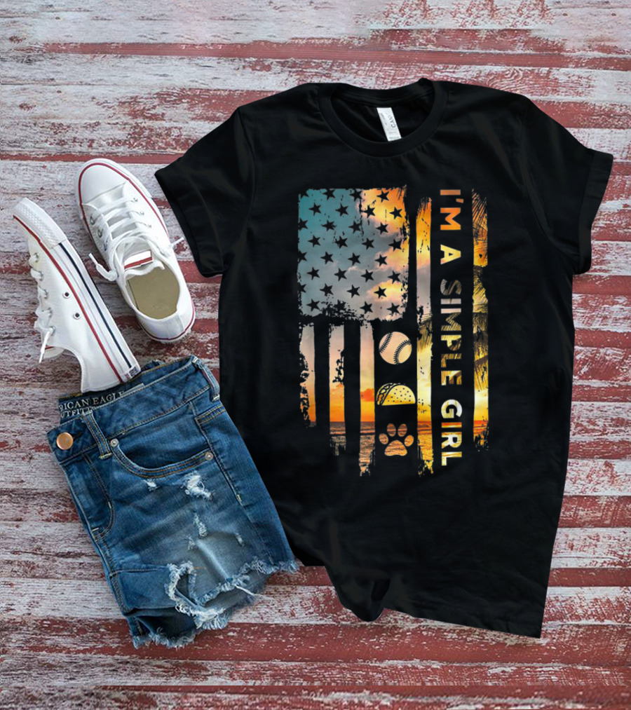 I'm A Simple Girl American Flag Softball Tacos Dogs Sunset T-Shirt
