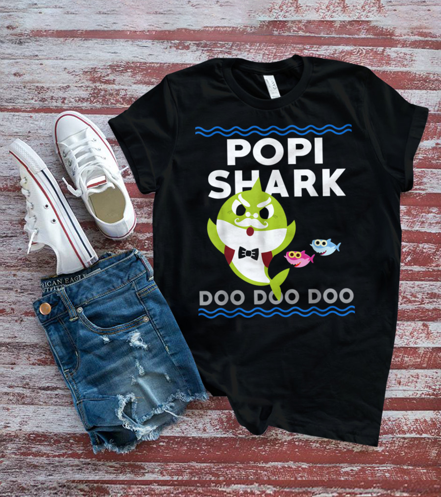 Popi Shark Doo Doo Doo Mustached Bowtie Shark With Cute Colorful Fish T-Shirt