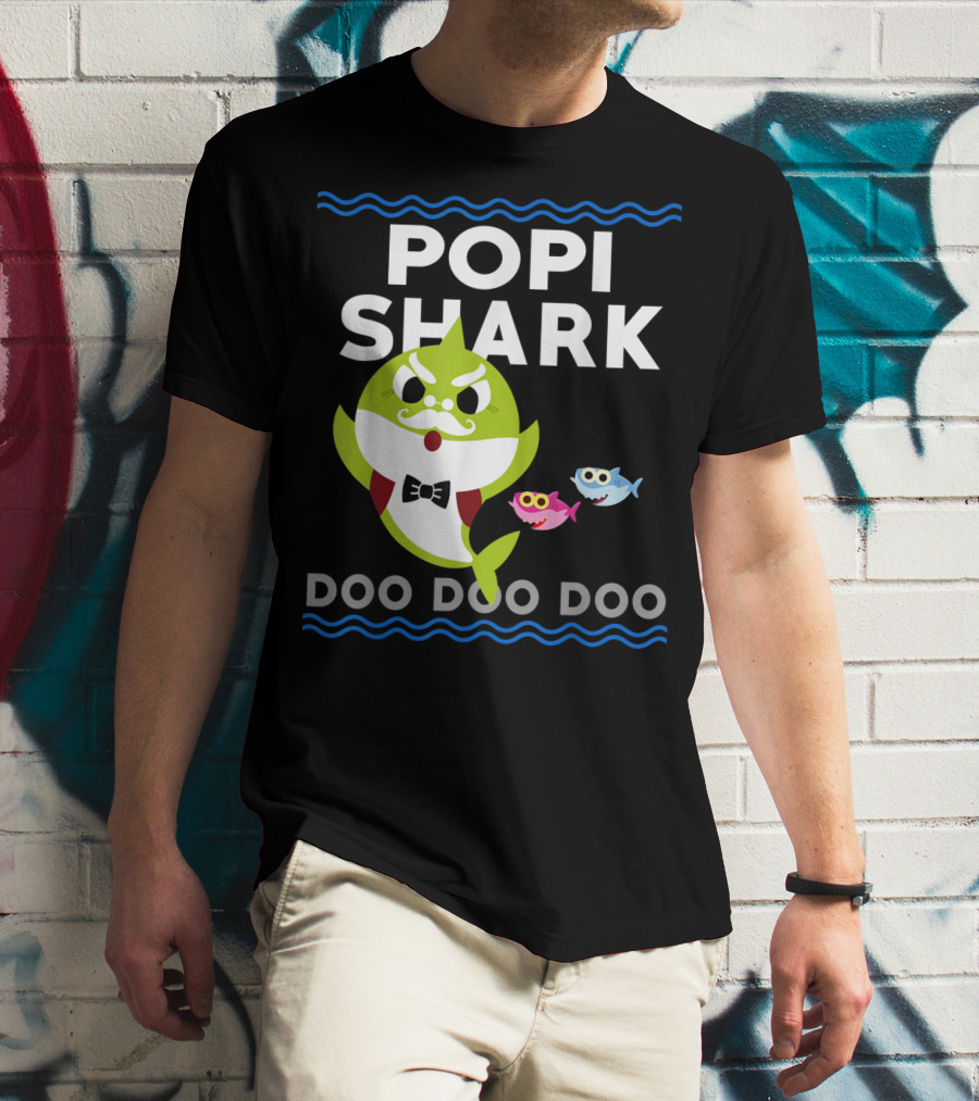 Popi Shark Doo Doo Doo Mustached Bowtie Shark With Cute Colorful Fish T-Shirt