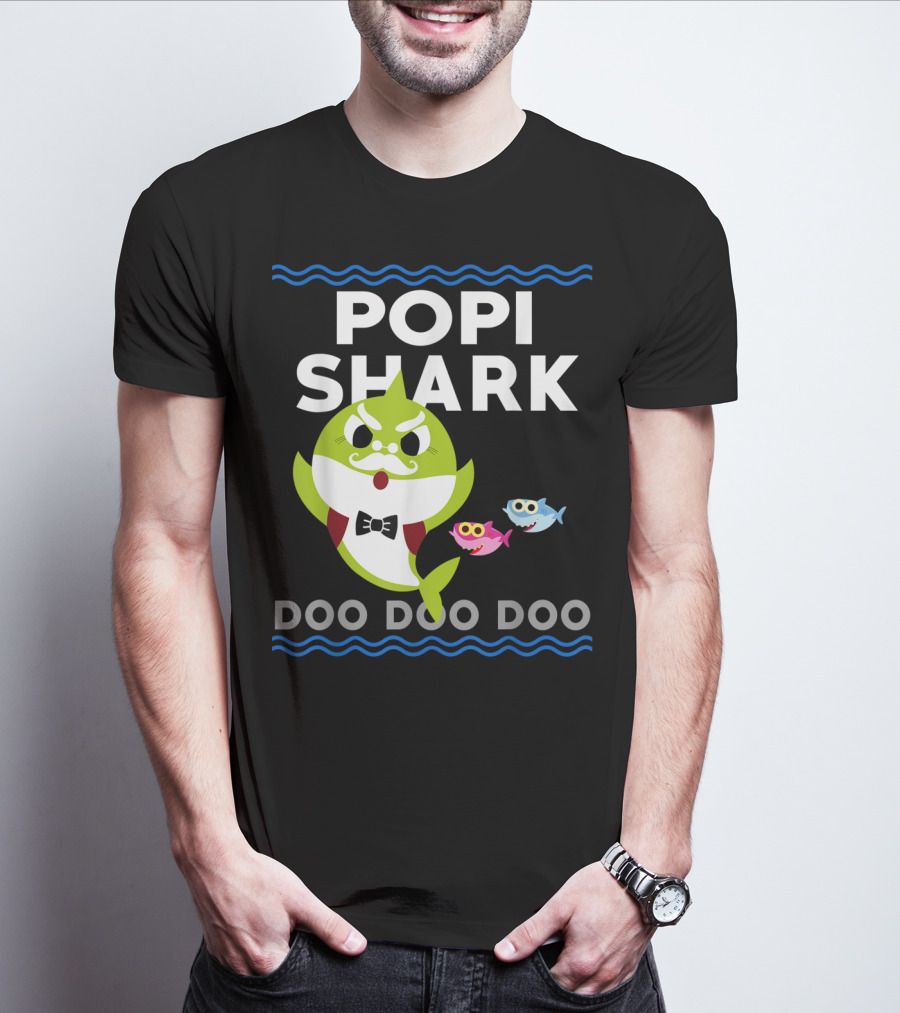 Popi Shark Doo Doo Doo Mustached Bowtie Shark With Cute Colorful Fish T-Shirt