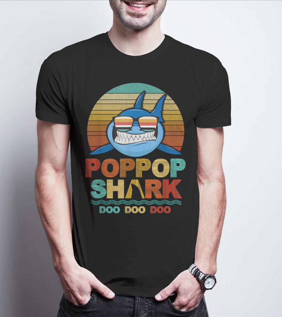 Poppop Shark Doo Doo Doo Retro Sunglasses Vintage Stripes T-Shirt
