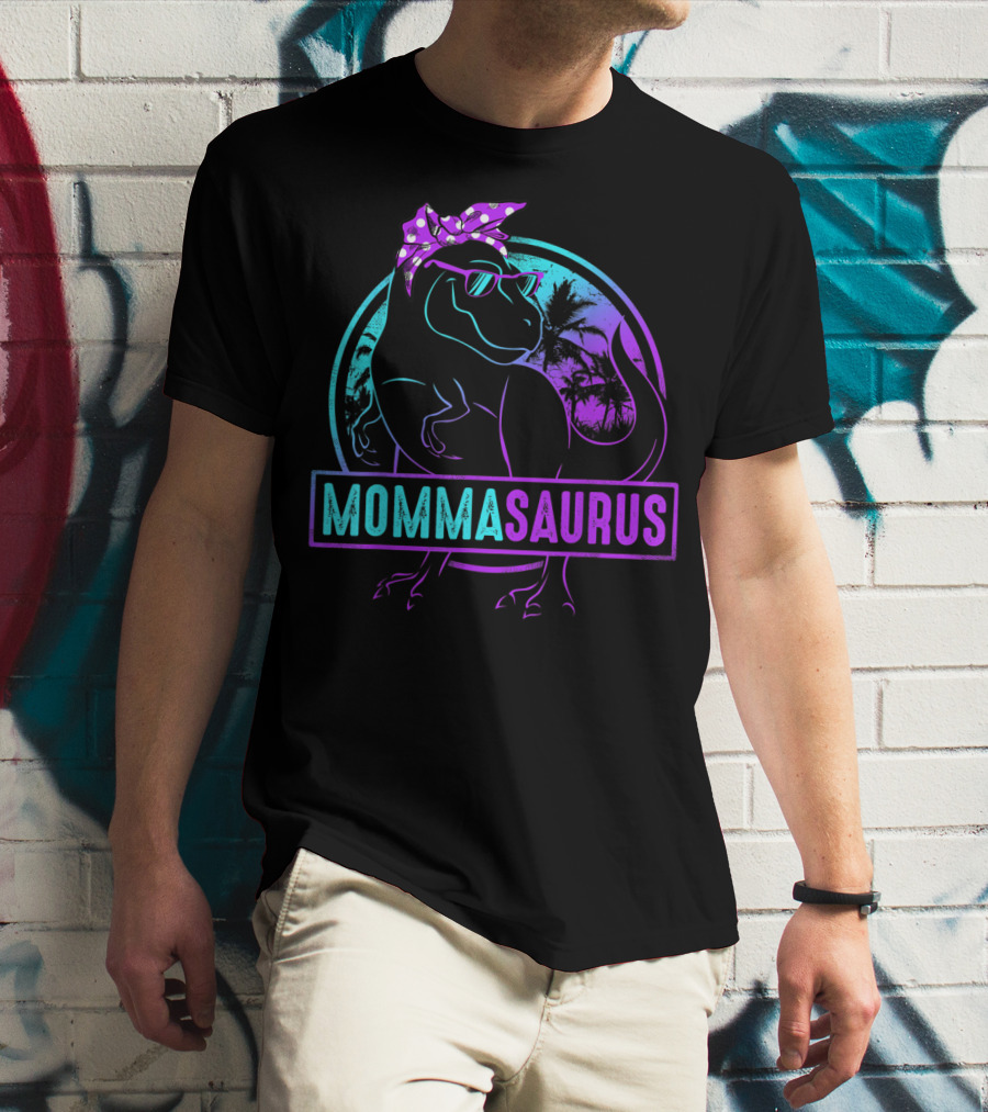 Mommasaurus Dinosaur With Bandana Sunglasses And Tropical Background T-Shirt