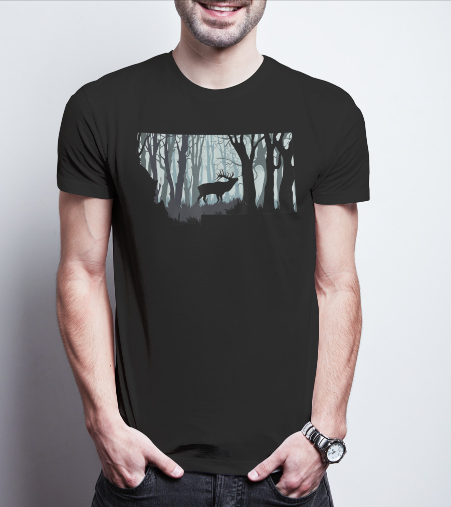 Montana Elk Hunting Silhouette In Forest T-Shirt