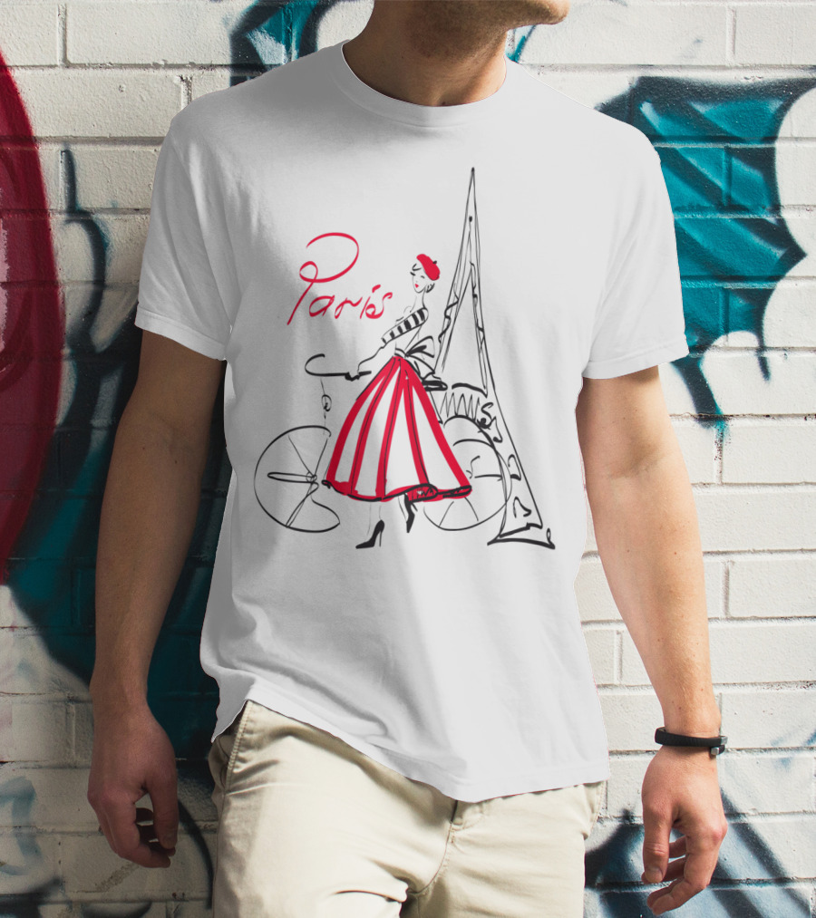 Paris Bicycle Woman With Eiffel Tower In Red Dress T-Shirt