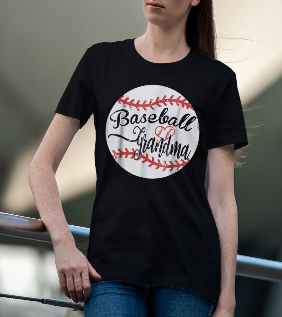 Baseball Grandma With Heart Stitching Baseball T-Shirt