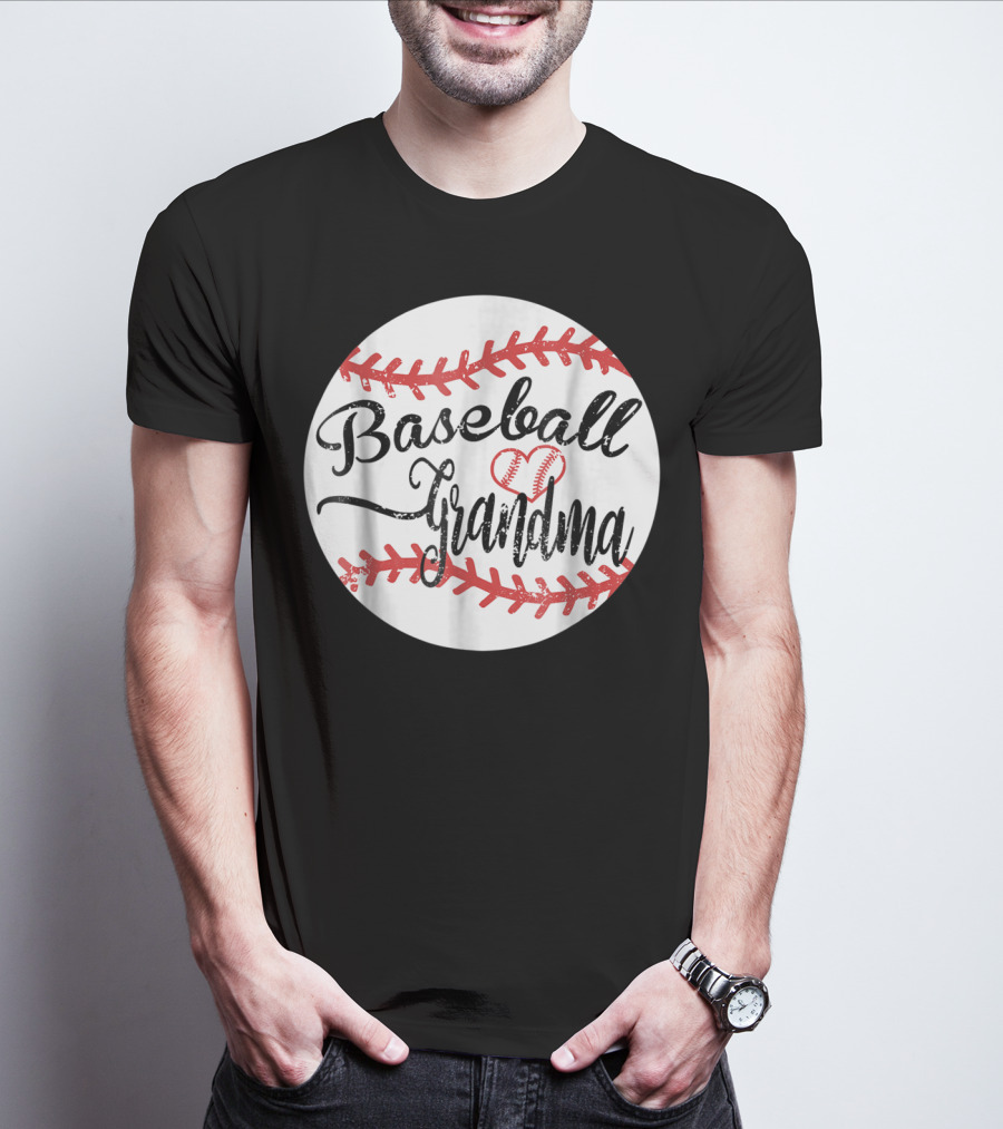 Baseball Grandma With Heart Stitching Baseball T-Shirt