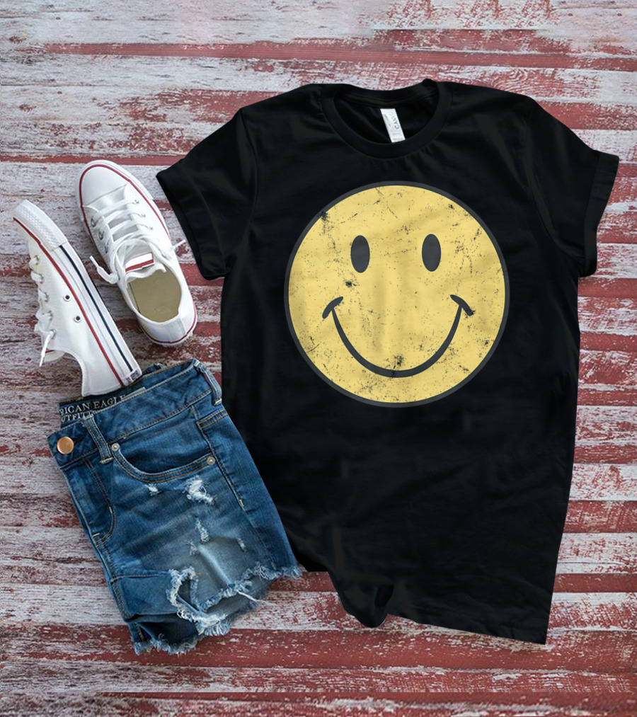 Retro 70s Smiley Face Distressed Yellow T-Shirt