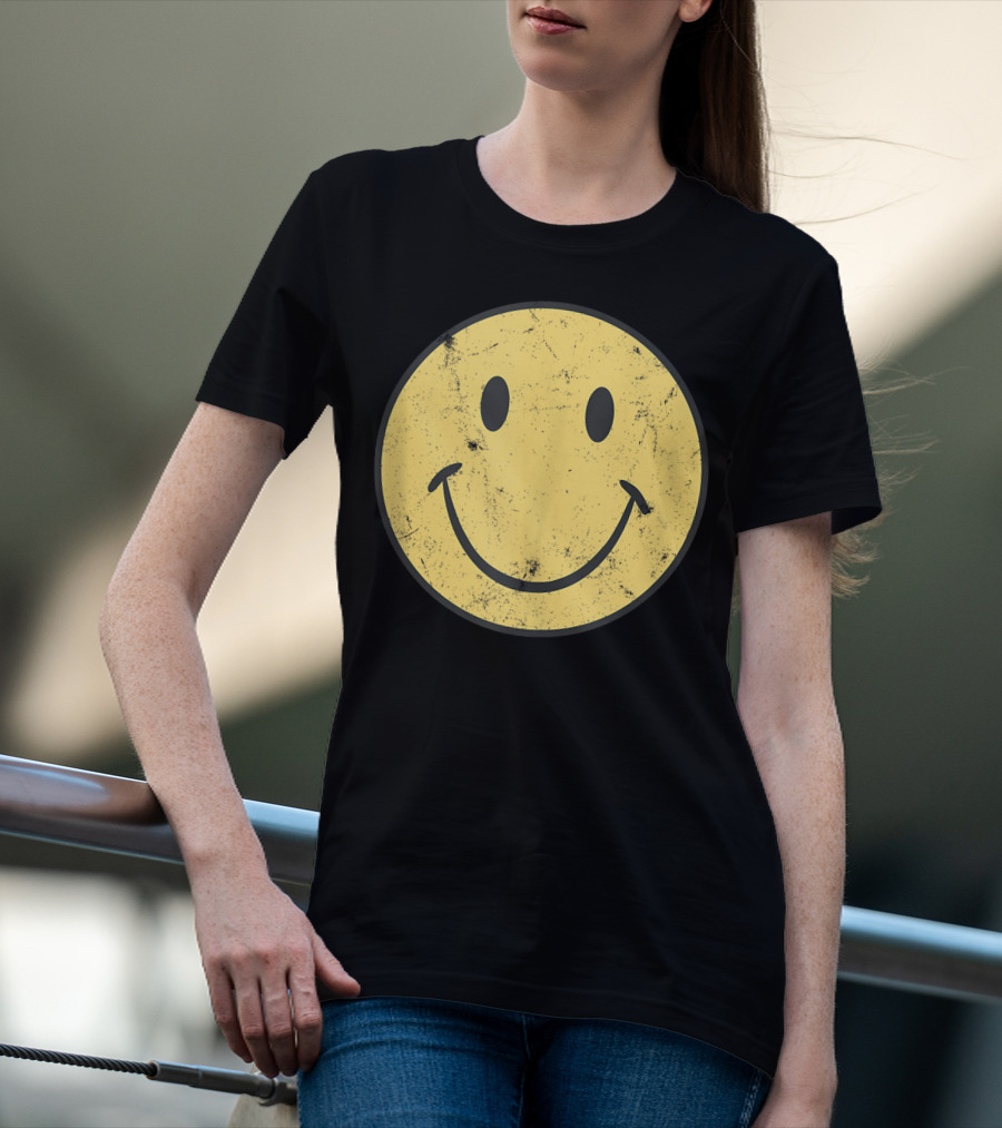 Retro 70s Smiley Face Distressed Yellow T-Shirt